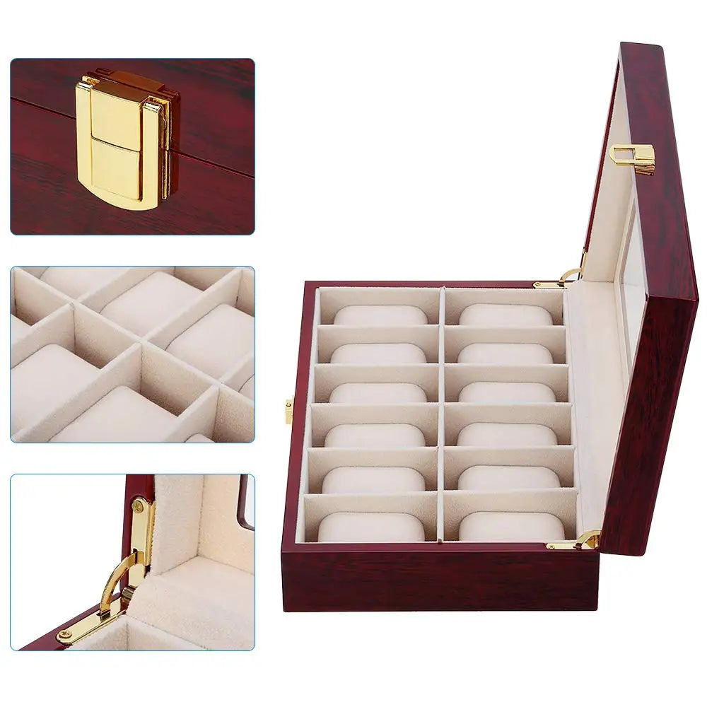 Luxury Wooden Glass Top Watch Box - 10 Slots