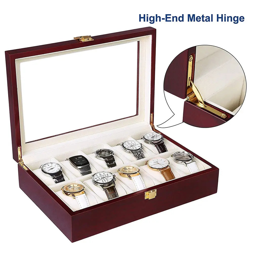 Luxury Wooden Glass Top Watch Box - 10 Slots