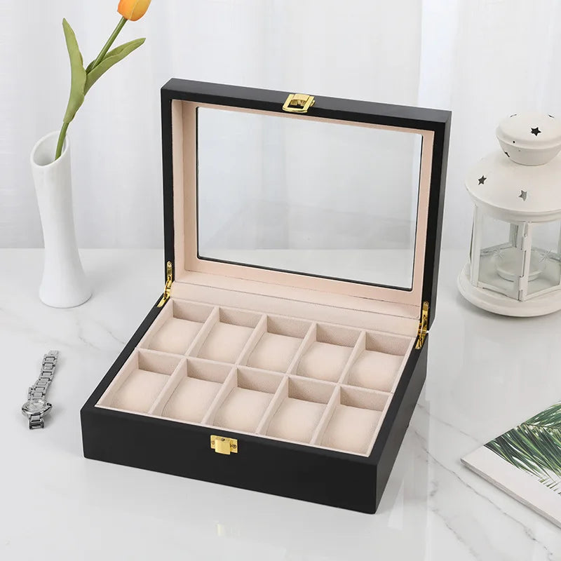 Luxury Wooden Glass Top Watch Box - 10 Slots