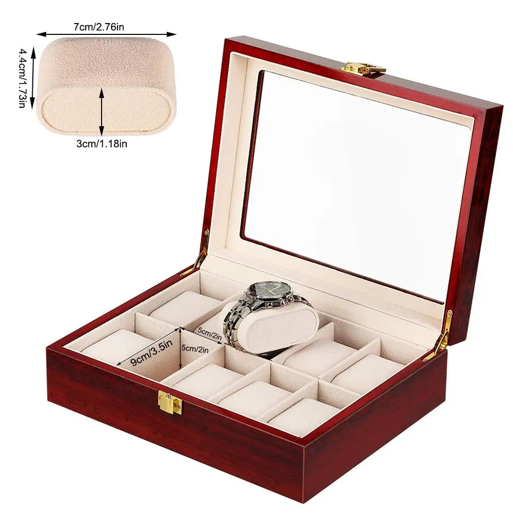 Luxury Wooden Glass Top Watch Box - 10 Slots
