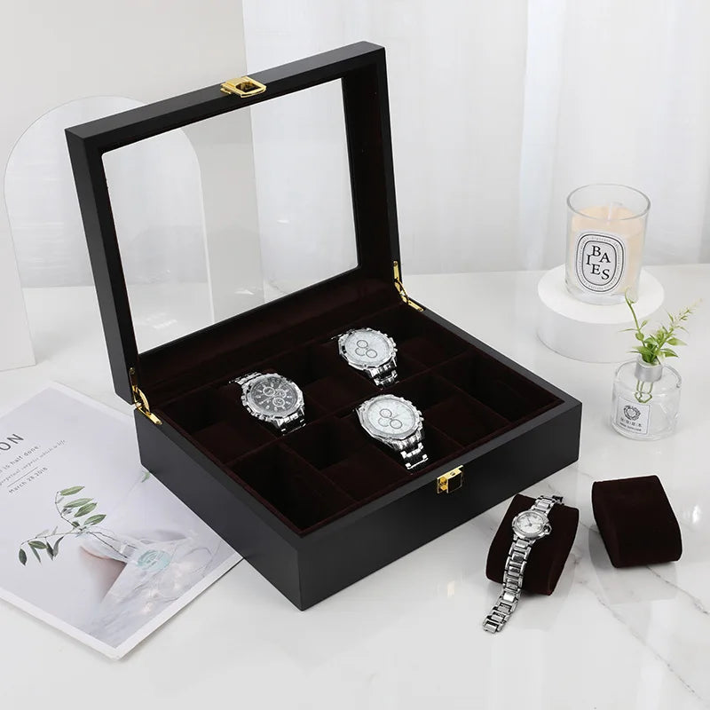 Luxury Wooden Glass Top Watch Box - 10 Slots