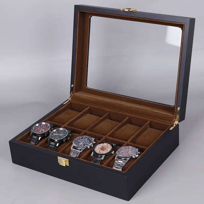 Luxury Wooden Glass Top Watch Box - 10 Slots