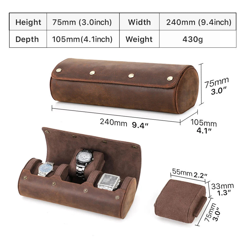Handmade Luxury 3-Slot Leather Watch Box Hard Case with Sliding Pillow Travel Case Collection Organizer for Watch Storage