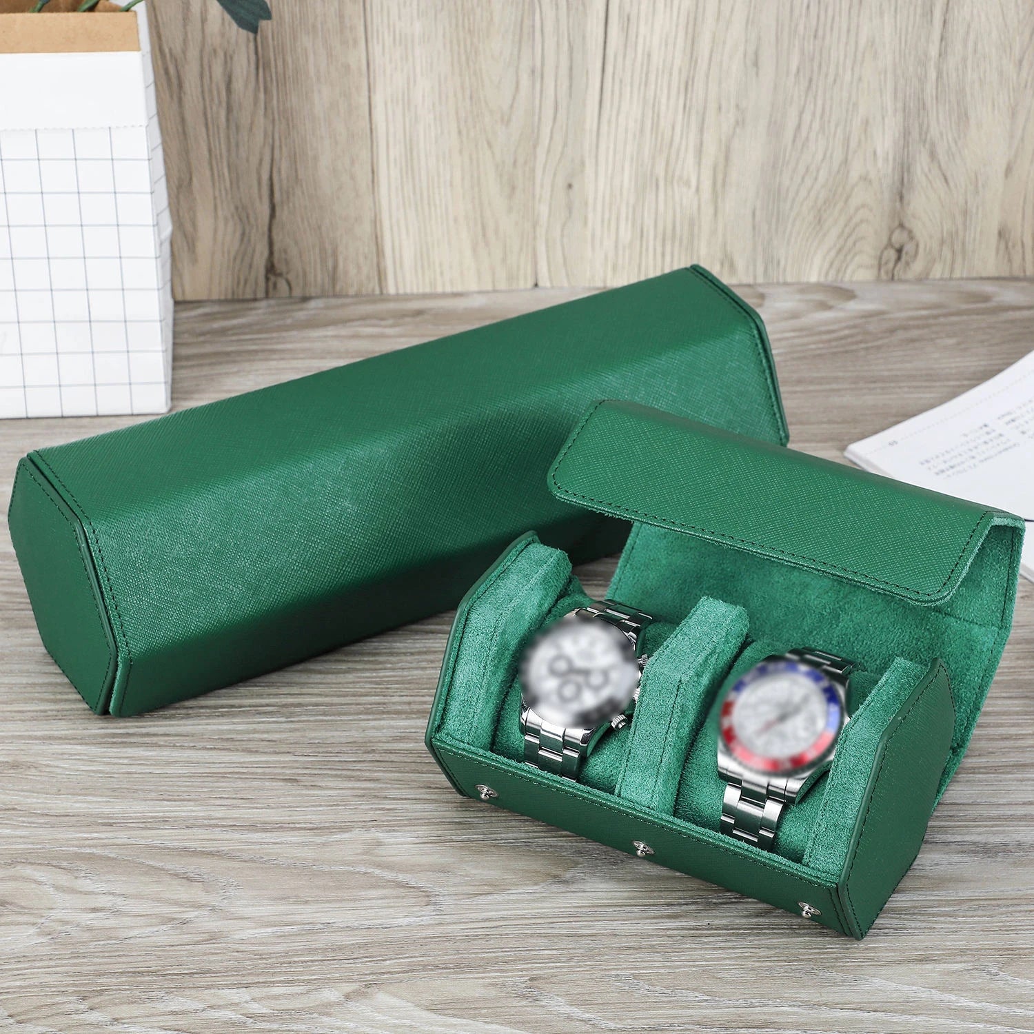 Luxury Green Leather Handmade Watch Box