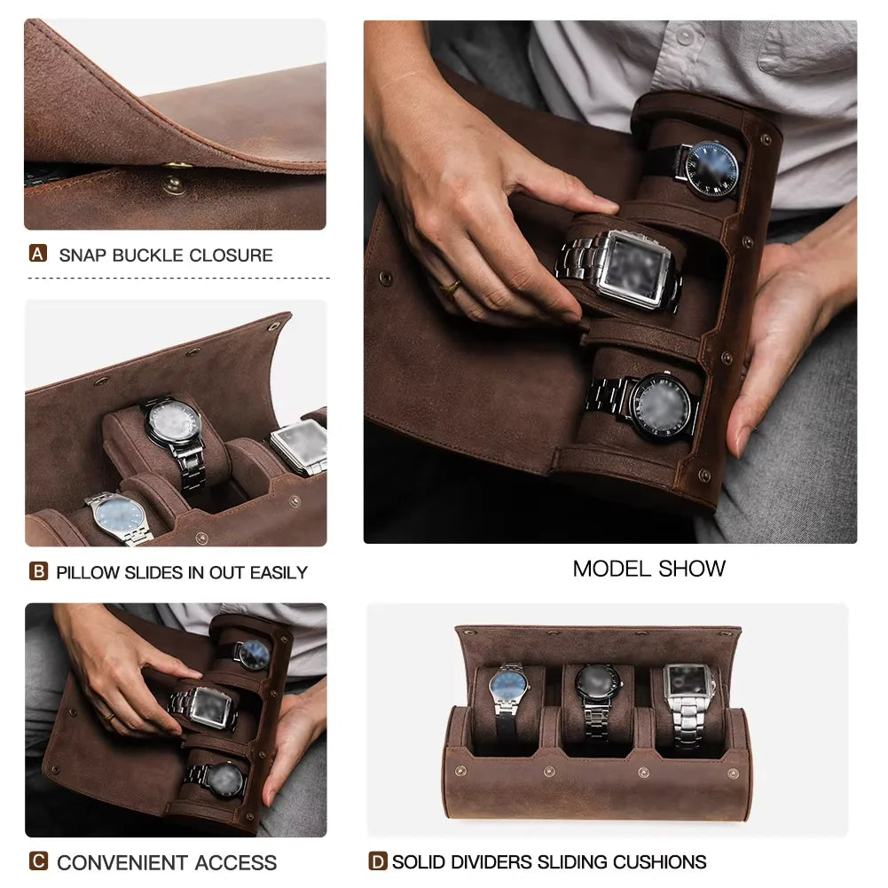 Handmade Luxury 3-Slot Leather Watch Box Hard Case with Sliding Pillow Travel Case Collection Organizer for Watch Storage