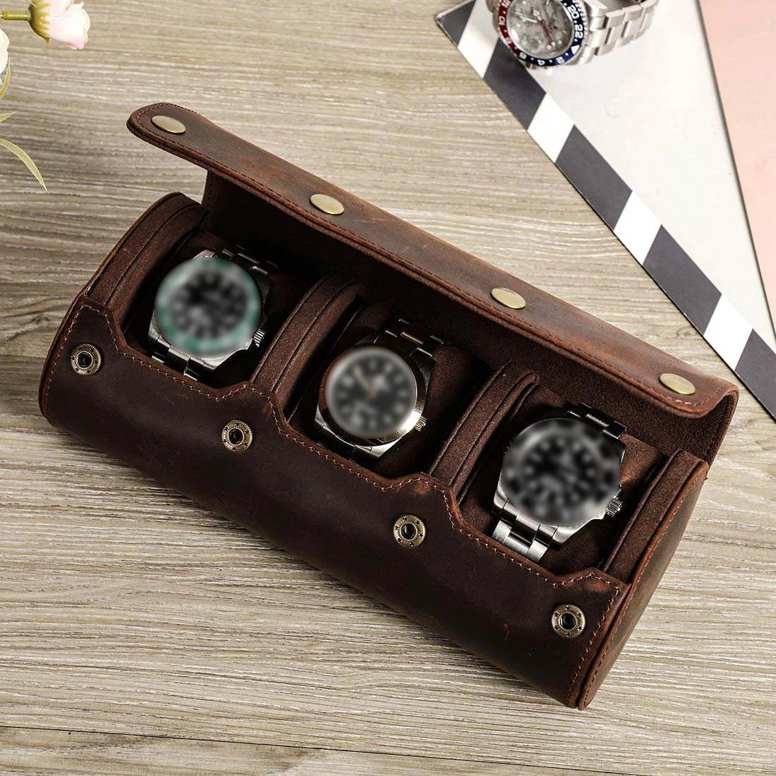 Handmade Luxury 3-Slot Leather Watch Box Hard Case with Sliding Pillow Travel Case Collection Organizer for Watch Storage