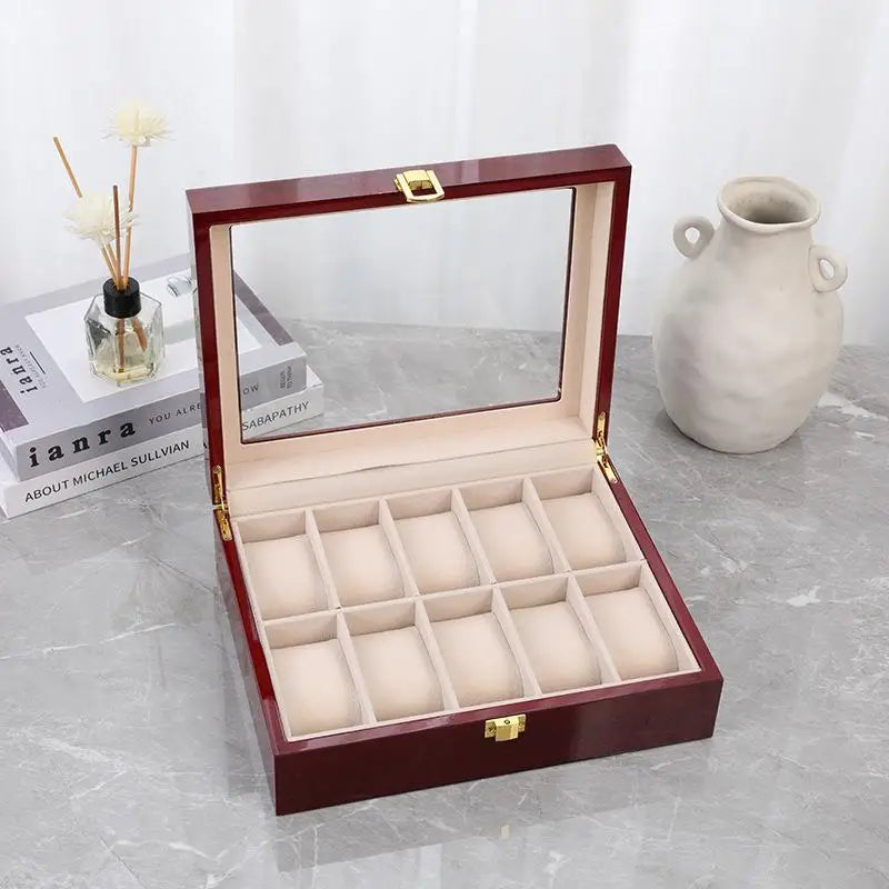 Luxury Wooden Glass Top Watch Box - 10 Slots