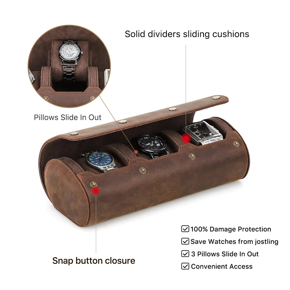 Handmade Luxury 3-Slot Leather Watch Box Hard Case with Sliding Pillow Travel Case Collection Organizer for Watch Storage