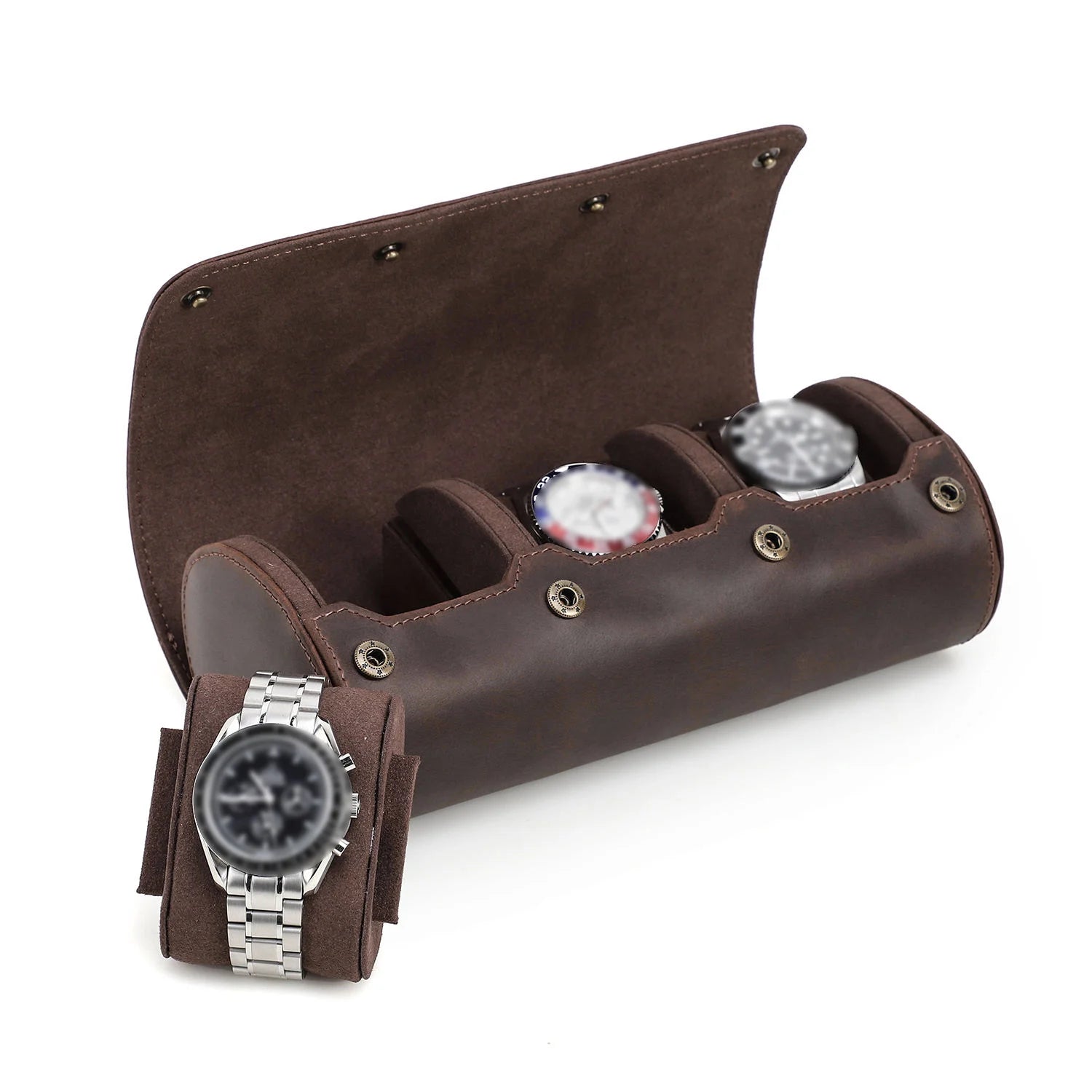 Handmade Luxury 3-Slot Leather Watch Box Hard Case with Sliding Pillow Travel Case Collection Organizer for Watch Storage