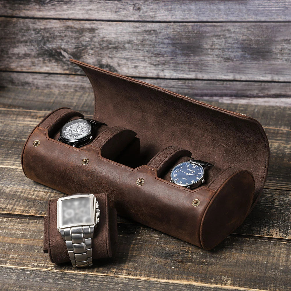 Handmade Luxury 3-Slot Leather Watch Box Hard Case with Sliding Pillow Travel Case Collection Organizer for Watch Storage